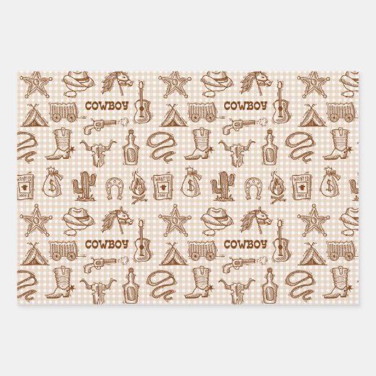 Cowboy Western Birthday Party Gingham Geschenkpapier Set (Vorderseite)
