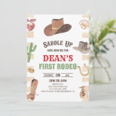 Cowboy Western First Rodeo 1st Birthday Party Einladung (Stehend Vorderseite)