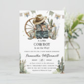 Cowboy Western Hat Boots Denim Boy Baby Shower Einladung (Stehend Vorderseite)