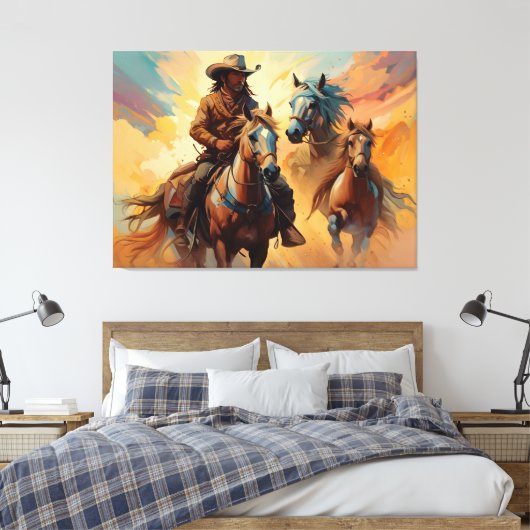 Cowboy Western Horses blue Tan Collage Leinwanddruck (Insitu (Schlafzimmer))