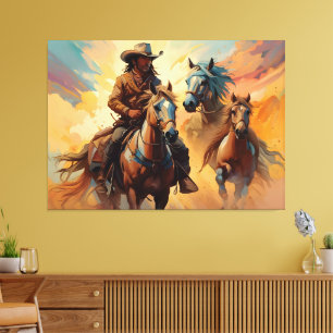 Cowboy Western Horses blue Tan Collage Leinwanddruck
