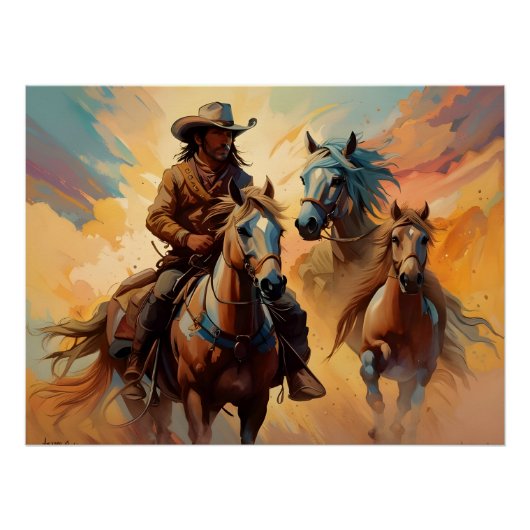 Cowboy Western Horses blue Tan Collage Poster (Vorderseite)