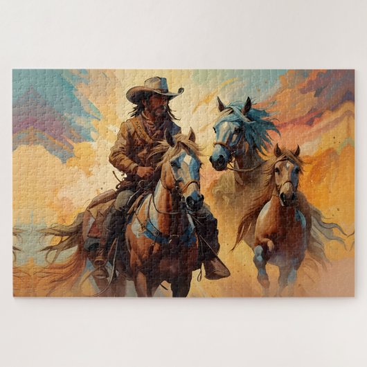Cowboy Western Horses blue Tan Collage Puzzle (Horizontal)