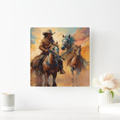 Cowboy Western Horses blue Tan Collage Quadratische Wanduhr (Zuhause)