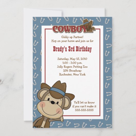 Cowboy Western Monkey 12x18 Geburtstagseinladung Einladung (Vorderseite)