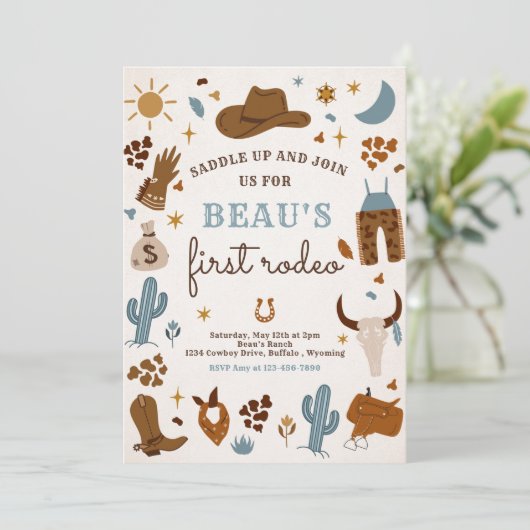 Cowboy Wild West Rodeo Ranch Birthday Party Einladung (Stehend Vorderseite)