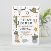 Cowboy Wild Western First Rodeo Erster Geburtstag Einladung (Stehend Vorderseite)