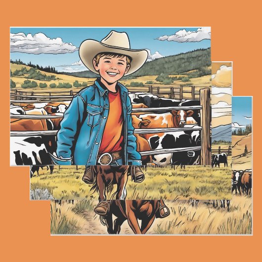 Cowboy Young Boy's Birthday Thema 3 Verschiedene Geschenkpapier Set