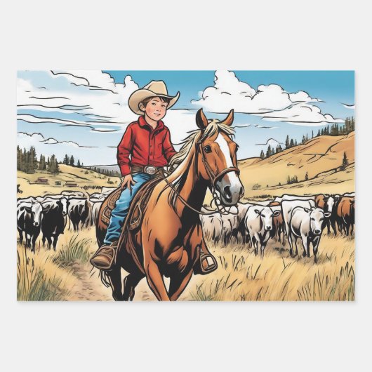 Cowboy Young Boy's Birthday Thema 3 Verschiedene Geschenkpapier Set (Vorderseite 3)
