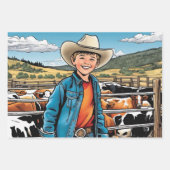 Cowboy Young Boy's Birthday Thema 3 Verschiedene Geschenkpapier Set (Vorderseite)