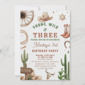 Cowboy Young Wild & Three Birthday Invitation  Einladung (Vorderseite)
