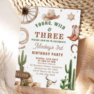 Cowboy Young Wild & Three Geburtstagseinladung Einladung