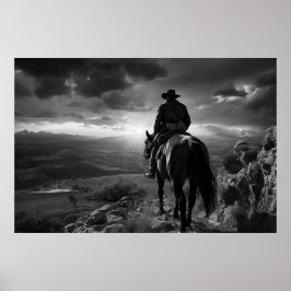 Cowboy zu Pferd bei Sonnenuntergang B&W Foto Poster