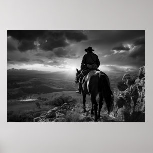 Cowboy zu Pferd bei Sonnenuntergang B&W Foto Poster