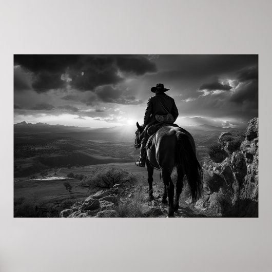 Cowboy zu Pferd bei Sonnenuntergang B&W Foto Poster (Vorne)