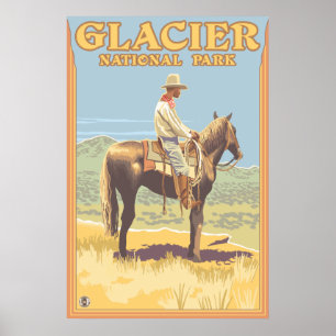 Cowboy-zu Pferd - Glacier Nationalpark, M.Ü. Poster