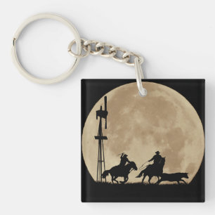 Cowboys mit Steer und Windmill und Mond Schlüsselanhänger