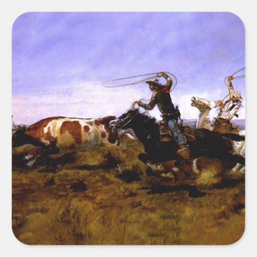 "Cowboys Roping a Steer" von Charles M Russell Quadratischer Aufkleber (Vorderseite)