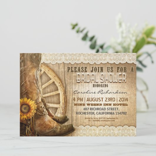 Cowboyschuhe Sonnenblumen Brautparty lädt ein Einladung (Stehend Vorderseite)