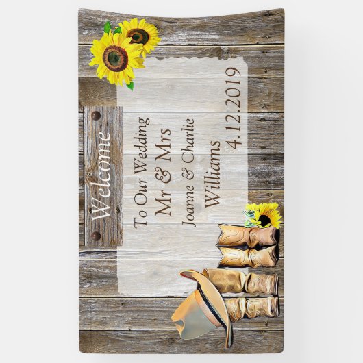 Cowboystiefel und Sonnenblumenhochzeit Banner (Vertikal)
