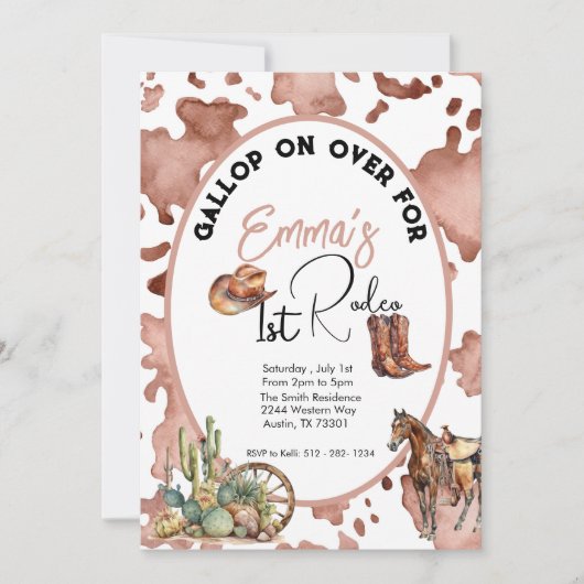 Cowgirl 1 Rodeo Cowprint Geburtstag Einladung (Vorderseite)