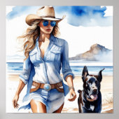 Cowgirl an der Küste mit einem Denim-Kleid am Stra Poster (Vorne)
