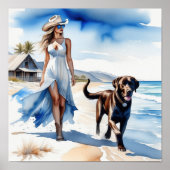 Cowgirl an der Küste mit Hund am Strand Poster (Vorne)