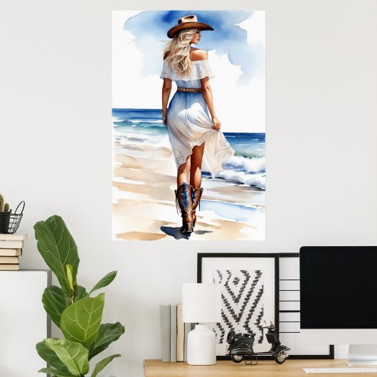 Cowgirl an der Küste Wandern auf dem Strand Wasser Poster (Heimbüro)