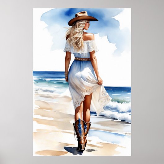 Cowgirl an der Küste Wandern auf dem Strand Wasser Poster (Vorne)