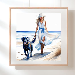 Cowgirl an der Küste Wandern mit Hund am Strand Poster