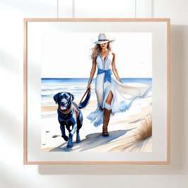 Cowgirl an der Küste Wandern mit Hund am Strand Poster