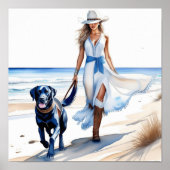 Cowgirl an der Küste Wandern mit Hund am Strand Poster (Vorne)