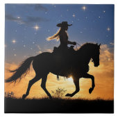 Cowgirl and Horse Sunset Fantasy Country Western Fliese (Vorderseite)