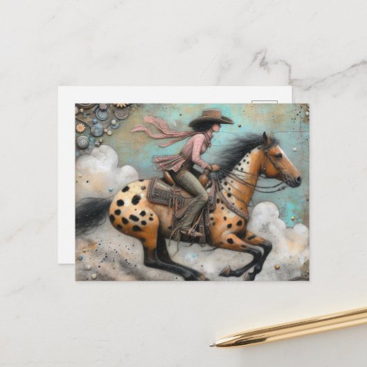 Cowgirl auf einem Appaloosa Pferd Postkarte (Vorderseite/Rückseite Beispiel)