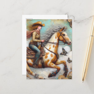 Cowgirl auf einem Appaloosa Pferd Postkarte