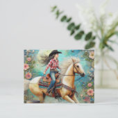 Cowgirl auf einem Palomino Pinto Pferd Postkarte (Stehend Vorderseite)