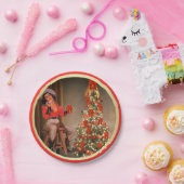 Cowgirl auf Sattel mit Weihnachtsbaum-Goldrot Pappteller (Party)