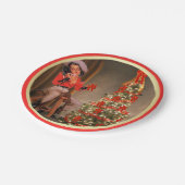 Cowgirl auf Sattel mit Weihnachtsbaum-Goldrot Pappteller (Schrägansicht)