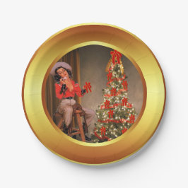 Cowgirl auf Sattel mit Weihnachtsbaum-Tellern Pappteller