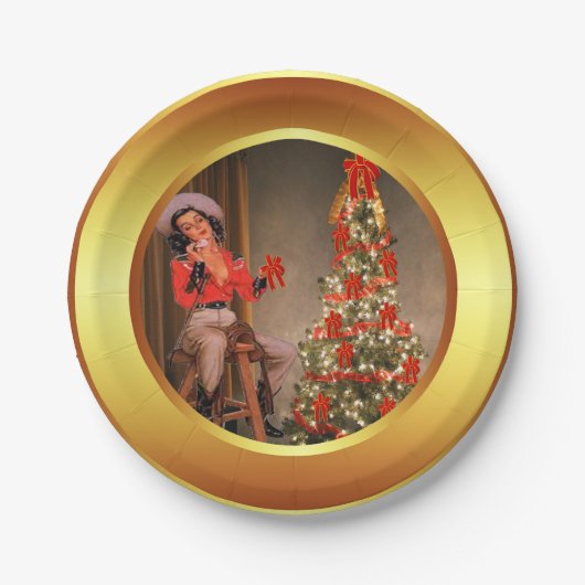 Cowgirl auf Sattel mit Weihnachtsbaum-Tellern Pappteller (Vorderseite)