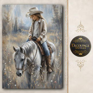 Cowgirl auf weißem Pferd Decoupage Seidenpapier