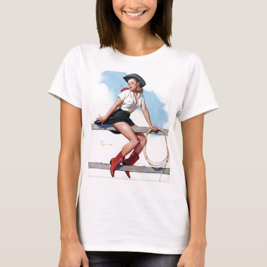 Cowgirl auf Zaun Button Up T-Shirt (Vorderseite)