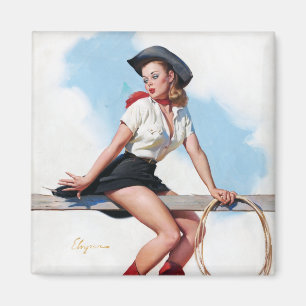 Cowgirl auf Zaun Pin Up Magnet