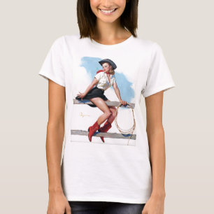 Cowgirl auf Zaun Pin Up T-Shirt