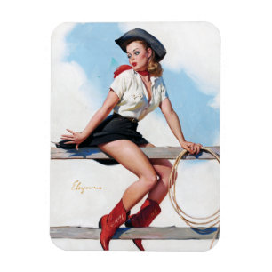 Cowgirl auf Zaun Vintage Pin Up Magnet