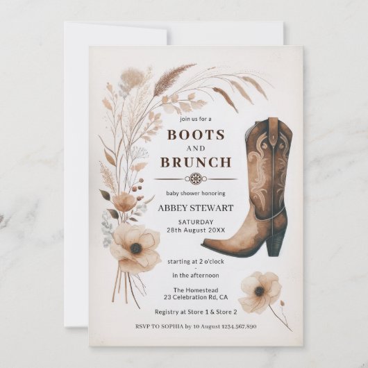 Cowgirl Baby Shower Einladung Stiefel & Brunch (Vorderseite)