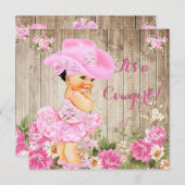 Cowgirl Babydusche Pink Rustic Wood Girl Brünett Einladung (Vorne/Hinten)