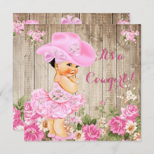 Cowgirl Babydusche Pink Rustic Wood Girl Brünett Einladung (Vorne/Hinten)
