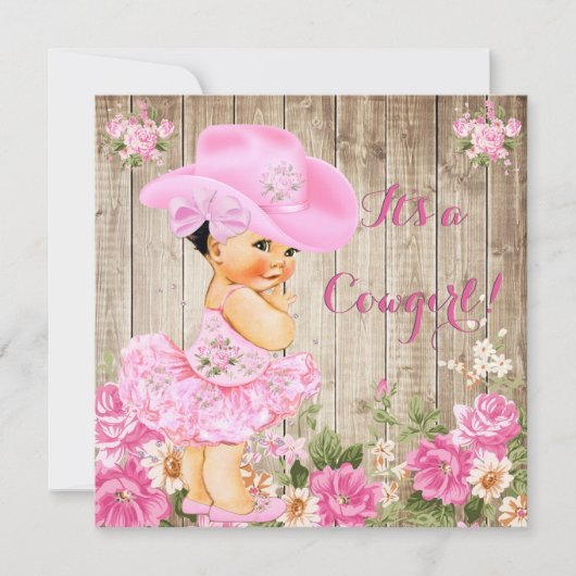 Cowgirl Babydusche Pink Rustic Wood Girl Brünett Einladung (Vorderseite)
