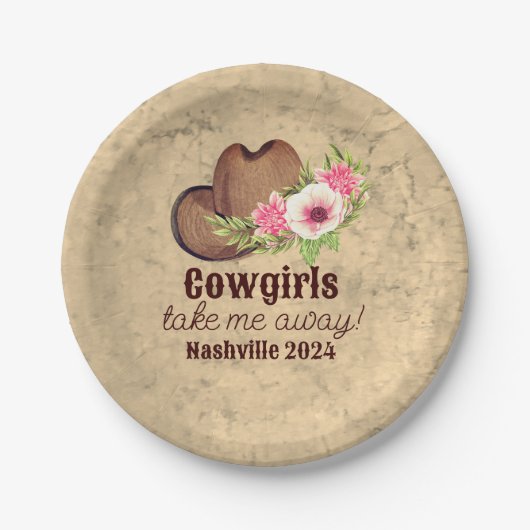 Cowgirl Bachelorette Rustikal Pink Floral Pappteller (Vorderseite)